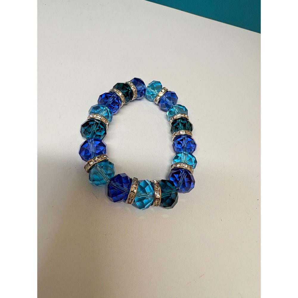 Blue Faceted Glass Bead Stretch Bracelet Crystal Rhinestone Rondelle Spacers